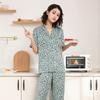 Yaoting leopard print satin chiffon pajamas women's spring and autumn short-sleeved trousers silk printed loungewear outer wear 1991