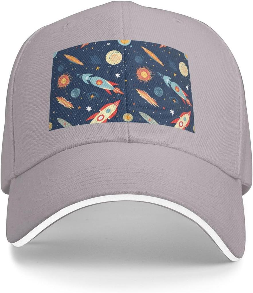 Space Rocket Planet Print Baseball Cap Polyester Casual Adjustable Dad Hat for Adult Unisex