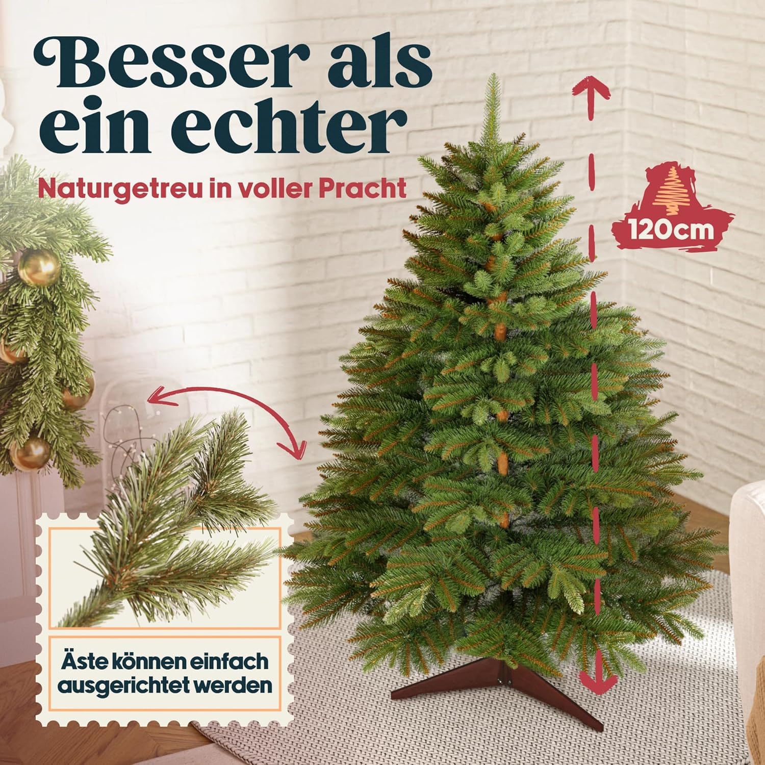 Pure Living Kunstkerstboom Nordmann 120 cm – Premium Kerstboom met Houten Standaard – Natuurlijk – PVC & PE – Groen