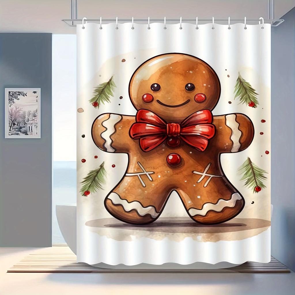 1pc Christmas Gingerbread for Man Cute Cartoon Shower Curtain, High-end Elegant Bathroom Curtain, Bathroom Decoration Pattern