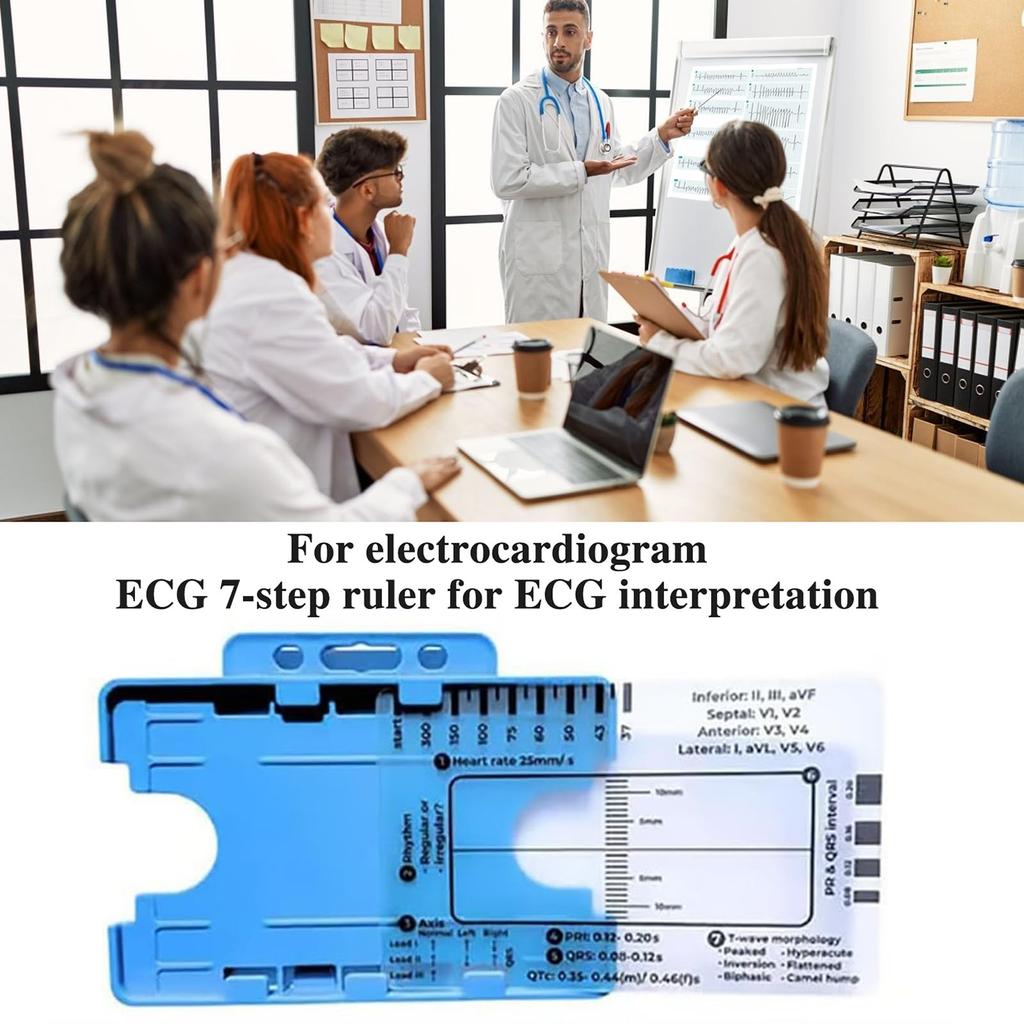 ECG Ruler Transparent Plastic Card with Measurement Scales for Heart Rate Axis PR QRS QT Interval Analysis and Morphology Assessment with Storage Box