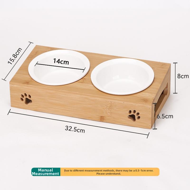 Anti-tip Cat Food Bowl With Dual Porcelain And Bamboo-wood Tilt Protection For Cervical Spine Safety, Pet Meal Feeder Stand
