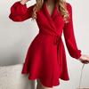 New Spring Women's Floral Print Lapel Long Sleeve Lace-up Waist Dress