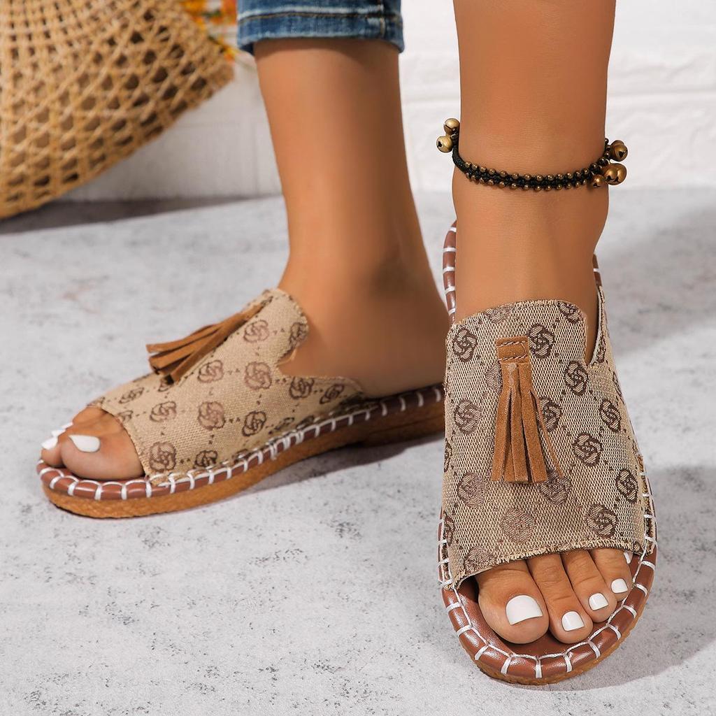 2024 Women's Tassel Flat Sandals - Large Size 40-43, Leopard Print, Beach-Ready