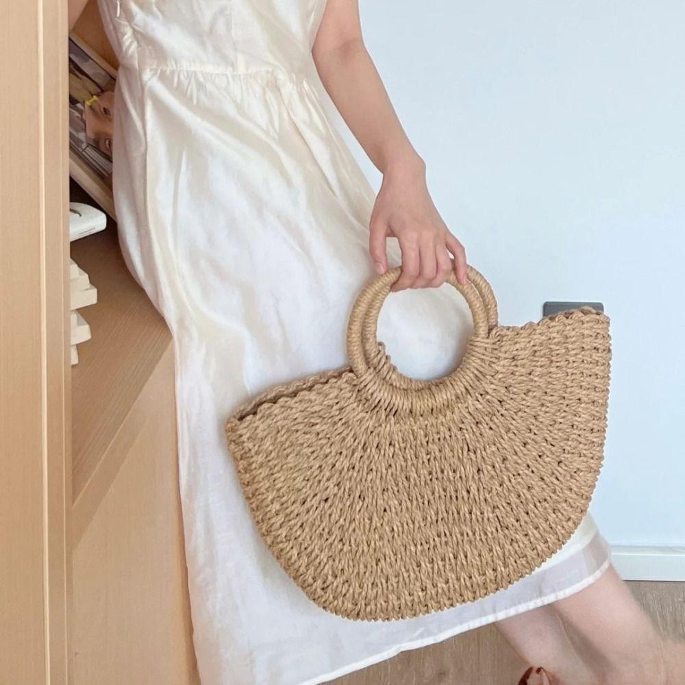 Large Capacity Straw Woven Handbag Half-Moon Shape Simple Shopping Bag Female