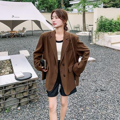 Retro Caramel Color Single-breasted Slim Blazer with Loose Silhouette and Slit Hem for Women