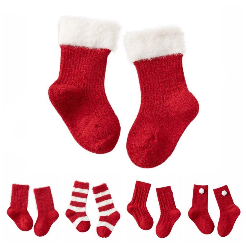 5Paits Stripe New Year Red Socks Thicken Warm Toddle Tube Socks Baby Plush Red Socks  Autumn