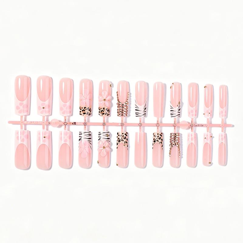 Cross-border Manicure Wearing Nail European and American Long Leopard Print French Wholesale Pink Fake Nail Bow Removable Explosion