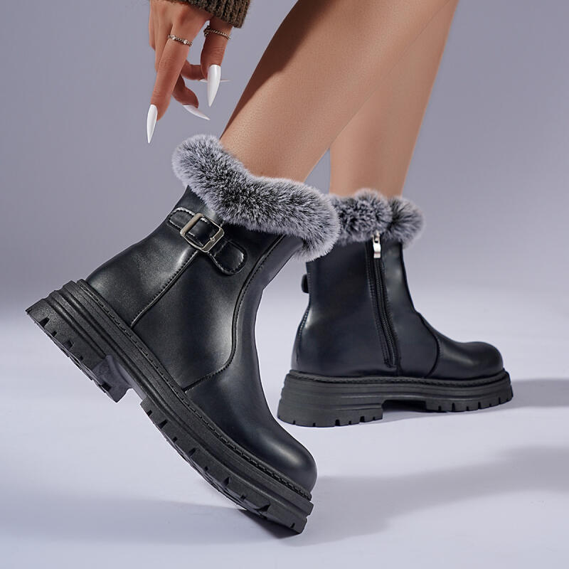 Winter Damen Schneestiefel Flauschiges Fell Leder Kurze Stiefel Wasserdicht Kälteschutz Bequem Warm Plüsch Knöchelhohe Stiefel Botas Para Mujer