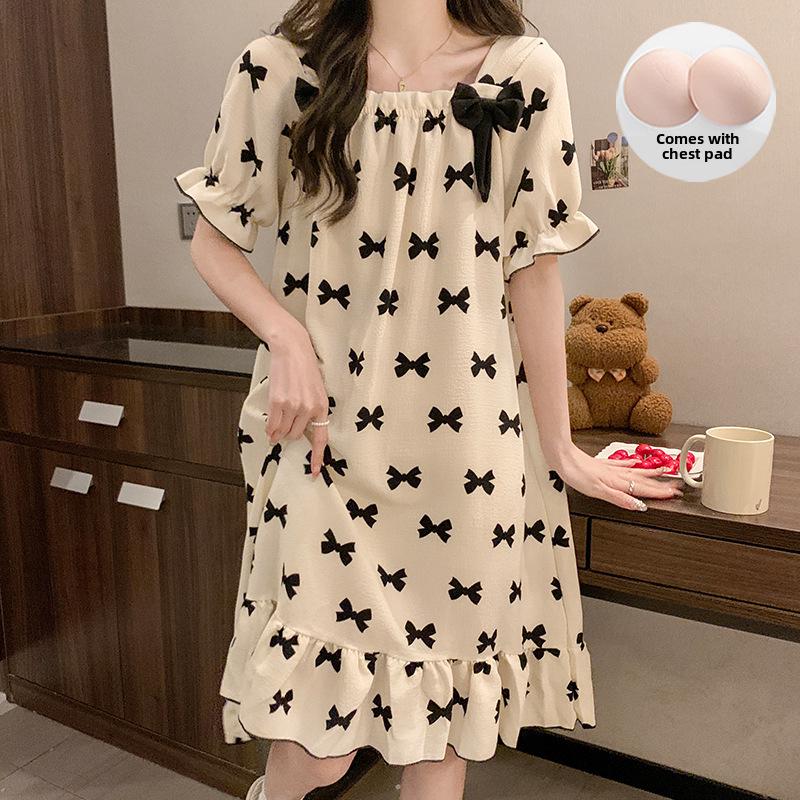 Summer Bubble Cotton Nightdress for Women with Chest Pads - Sweet, Cute, and Versatile Short-Sleeve Pajamas
