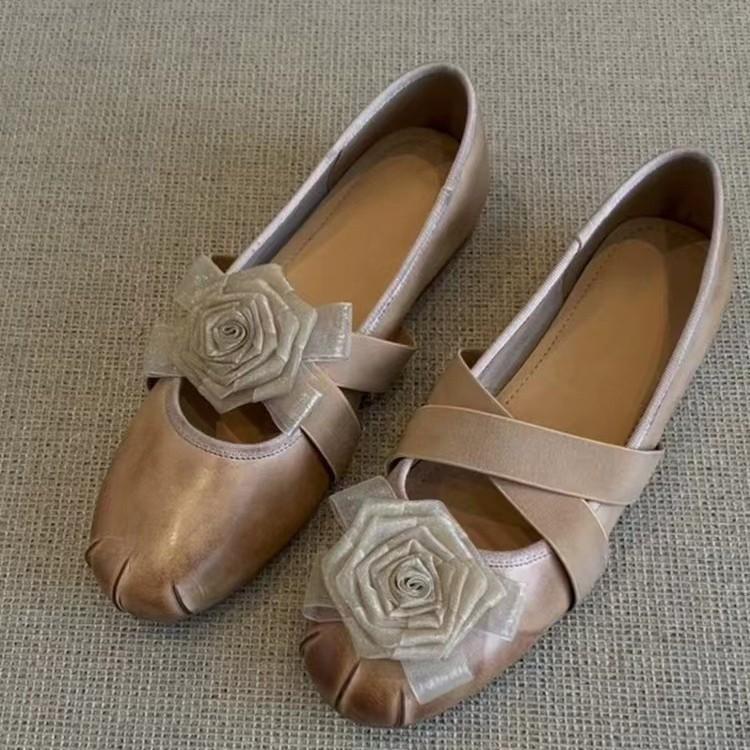Schafsleder Französische Vintage Blume Mary Jane Einzelne Schuhe Damen 2025 Vielseitige Gekreuzte Elastische Ballerinas