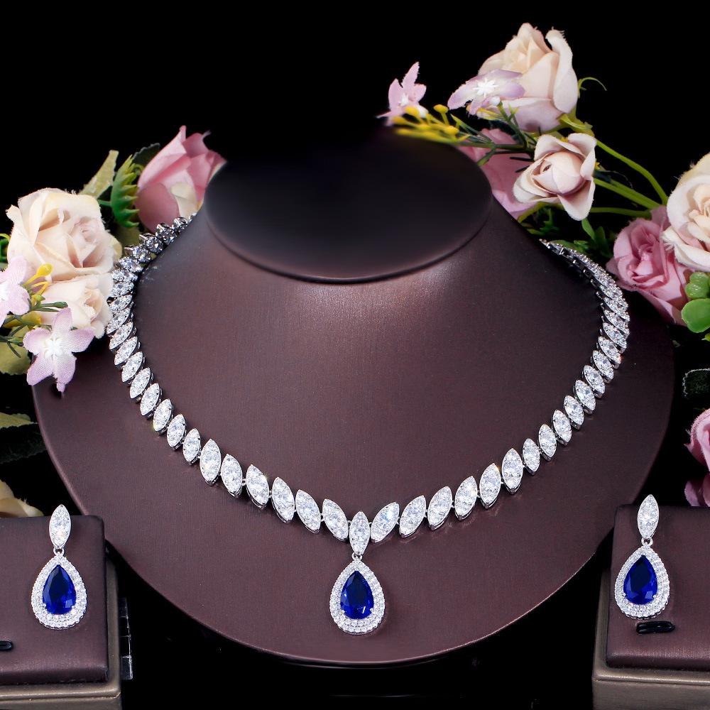 Korean Bridal Set: Eco-friendly Copper Necklace & Zircon Earrings for Weddings