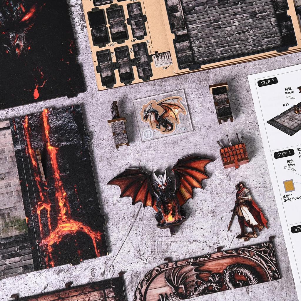 CRESYMME Dragon's Trove Book Nook Kit 3D Wooden Miniature Dollhouse DIY Hobby Craft with LED Light Handmade Bookshelf Insert Diorama