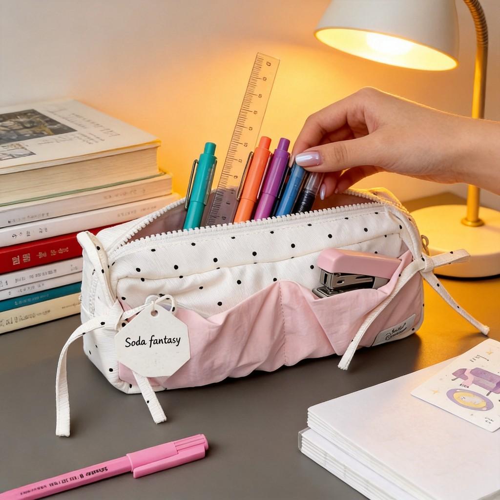 Minimalist Polka Dot Pencil Case With Large Capacity For Students And Makeup Storage