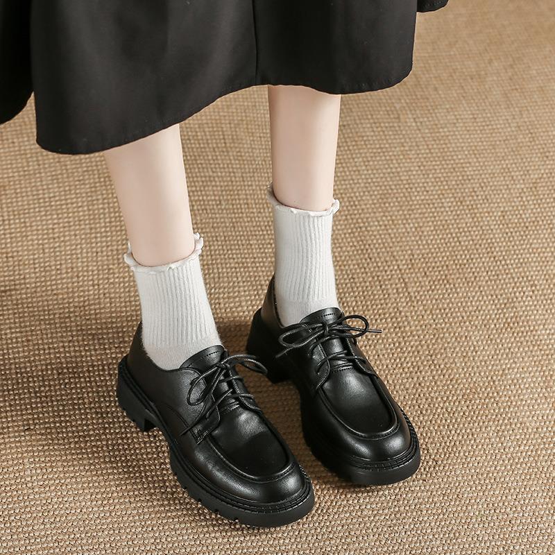 Round Toe Genuine Leather Women's Shoes Lace-up Shoes Autumn and Winter Four Seasons Student Skirt College Xiaoxiangfeng Huizhou Brock Leather Shoes
