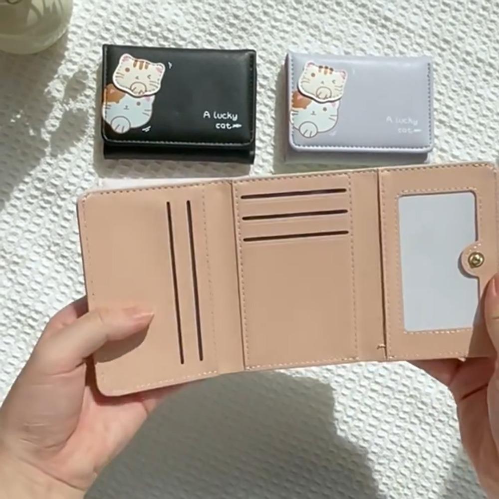 Korean Style Cat Short Wallet Solid Color Coin Purse Portable Cute Tri-Fold Purses  Female