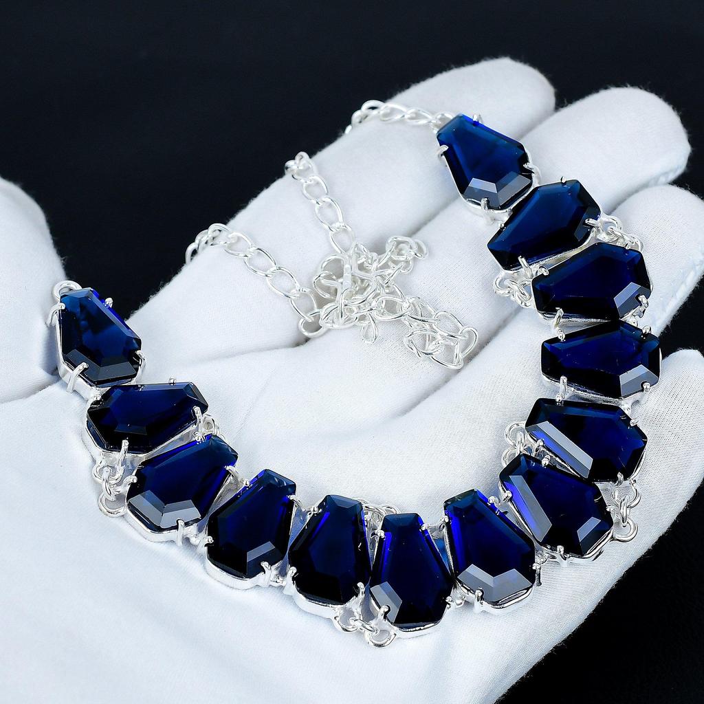 Blue Sapphire Necklace & Bracelet Jewelry Set, Coffin Blue Sapphire Gemstone 925 Sterling Silver Handmade Jewelry Unique Collection, Birthday Gift