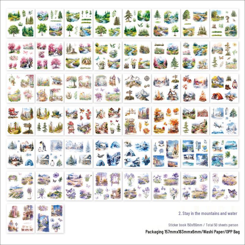 Retro Scenery Die-cut Sticker Book: Washi Paper with Houses, Forests & Coffee Themes