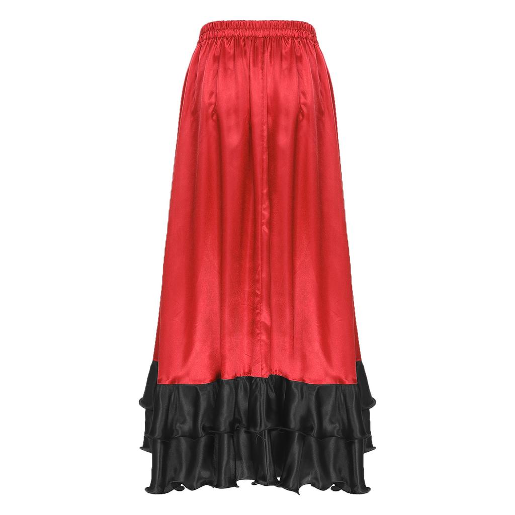 Ladies Spanish Dance Skirt Flamenco Style Ruffled Trim Irregular Hem Satin Elastic Waist Big Swing Skirt