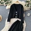 Winter Strickwaren Damen Anzüge Langarm Diamantknöpfe Oberteile+Freizeithosen mit weitem Bein Locker Warme Pullover-Sets