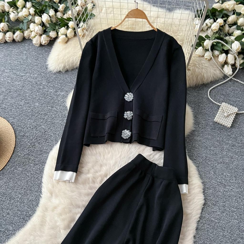 Winter Strickwaren Damen Anzüge Langarm Diamantknöpfe Oberteile+Freizeithosen mit weitem Bein Locker Warme Pullover-Sets