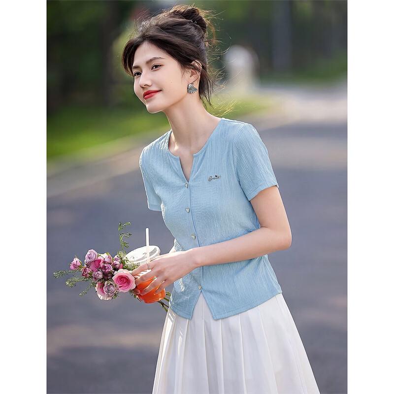 Textured V-Neck Short Sleeve T-Shirt XL синий