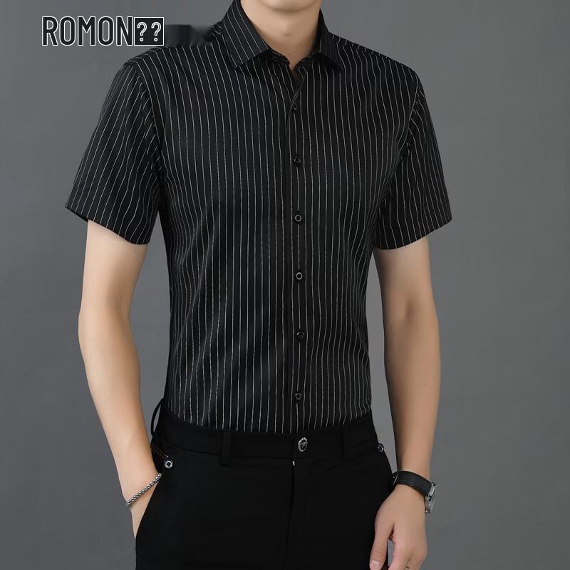 

ROMON Men s Elastic Ice Silk Luxury Stripe Business Casual Short Sleeve Shirt L
