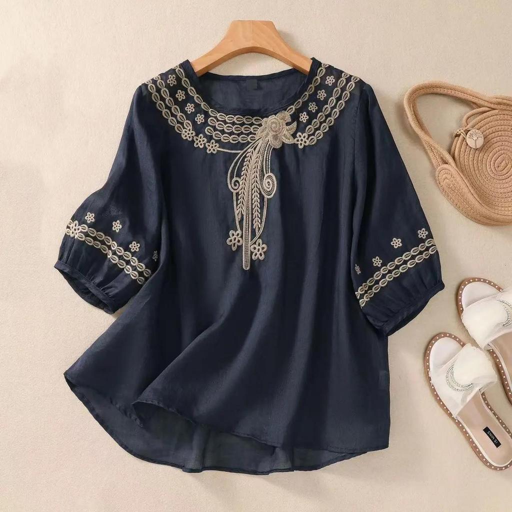 Women's Summer Temperament Loose Seven Sleeve Tops Literary Vintage Cotton and Linen Embroidery Shirt