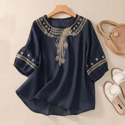 Damen Sommer Temperament Locker Siebenärmel Tops Literarisch Vintage Baumwolle und Leinen Stickerei Hemd