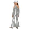Girls Off Shoulder Jumpsuit Long Sleeve Sequin Tassel Detail Slit Bell Bottom Metallic Romper Hat Included
