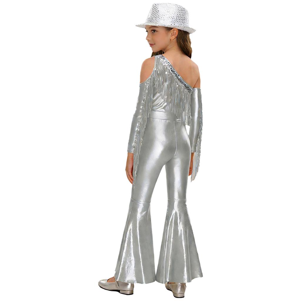 Girls Off Shoulder Jumpsuit Long Sleeve Sequin Tassel Detail Slit Bell Bottom Metallic Romper Hat Included