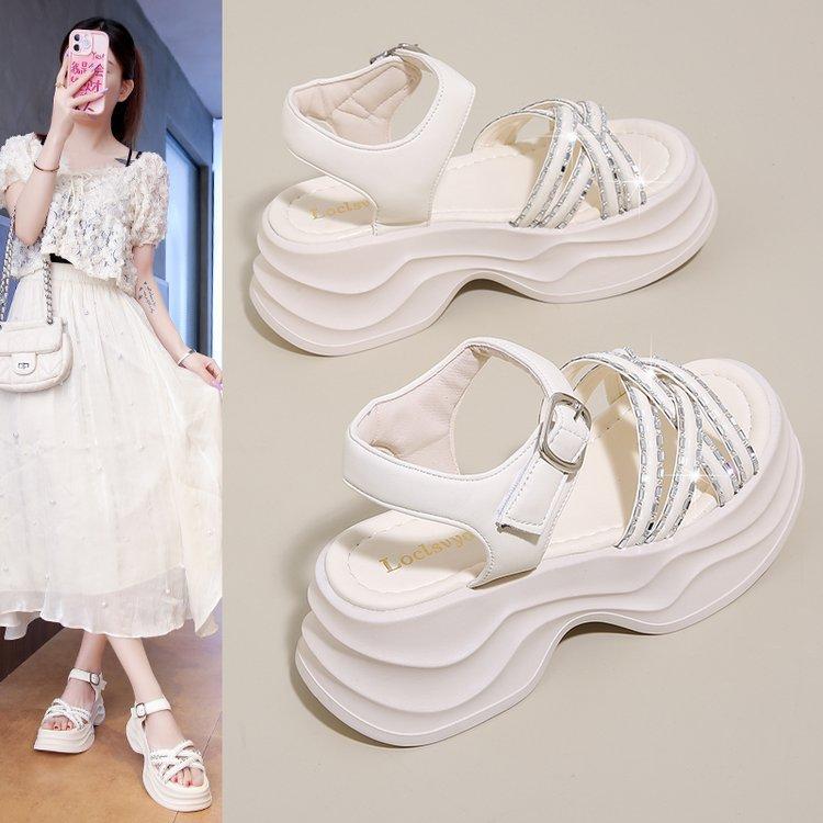 Platform sandals women 2025 summer new muffin versatile open-toed rhinestone soft sole one-word buckle fairy wedge heel shoes