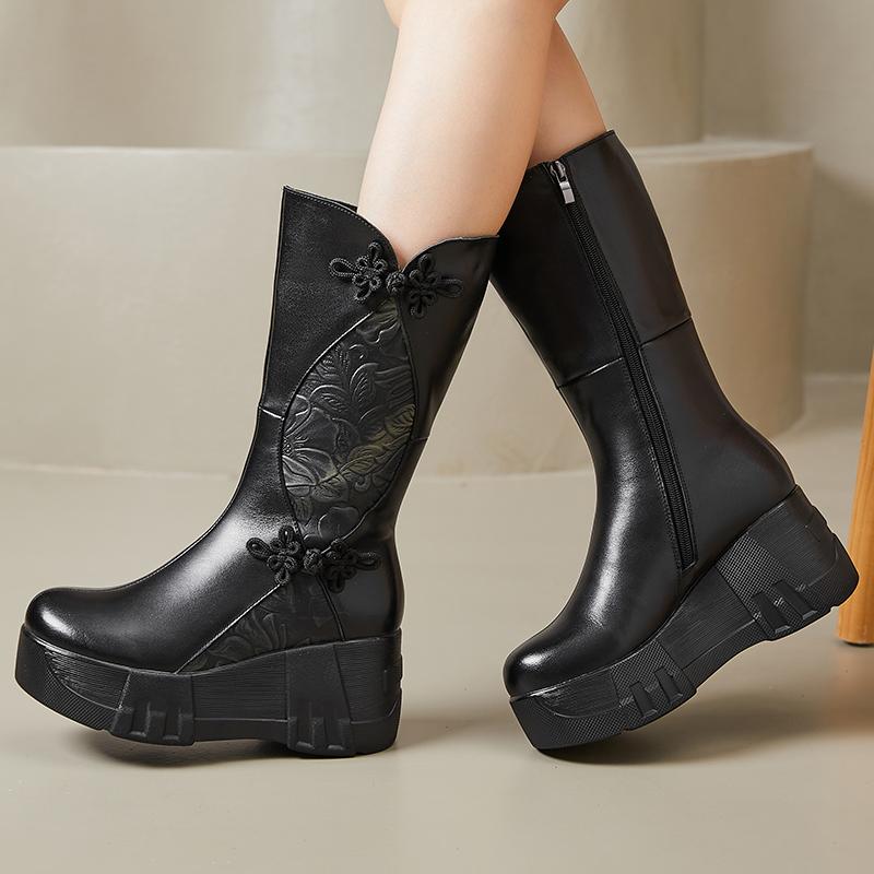 GKTINOO 2025 Retro Natural Leather Women Boots Handmade Winter Wedges Booties Soft Cowhide Women's Shoes Platform Mid-Calf Boots