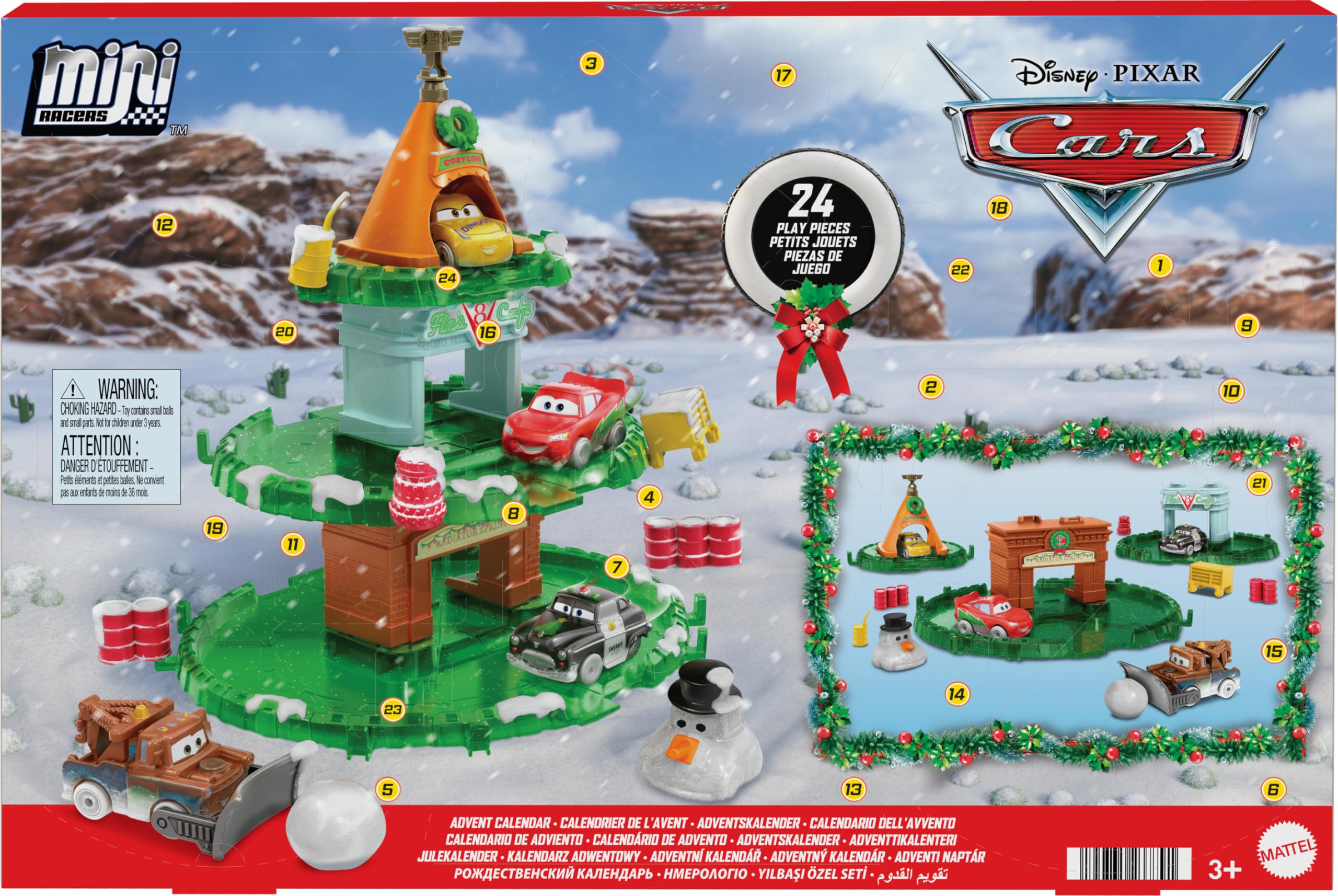 Mattel Disney & Pixar Тачки Мини-Адвент-Календарь 24 Детали Игрушечные Машинки-Сюрпризы 4 Штабелируемых Грузовика и Аксессуары для Рассказывания Историй