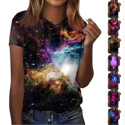 Damenmode Lässiges T-Shirt mit Rundhalsausschnitt und Galaxie-Aufdruck, kurzärmelig