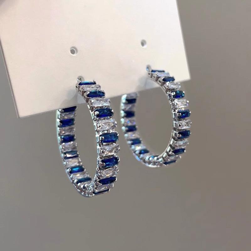 Alternating Blue and White Baguette Hoop Earrings for Women