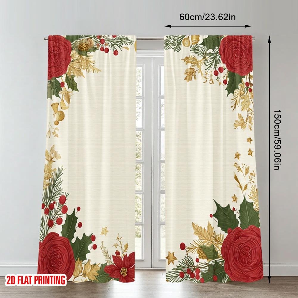 2pcs 2D Flat Printing Merry Christmas Curtains Christmas Roses Holly Bells Digital Printed Polyester Drapes Festive Wall Decor