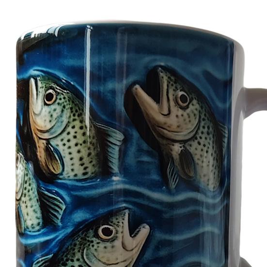 Fishing Ceramic Mug Trout Fish Design Coffee Mug with Blue Wave Pattern 11/15oz Fish Art Drinkware Gifts for Men Fisher