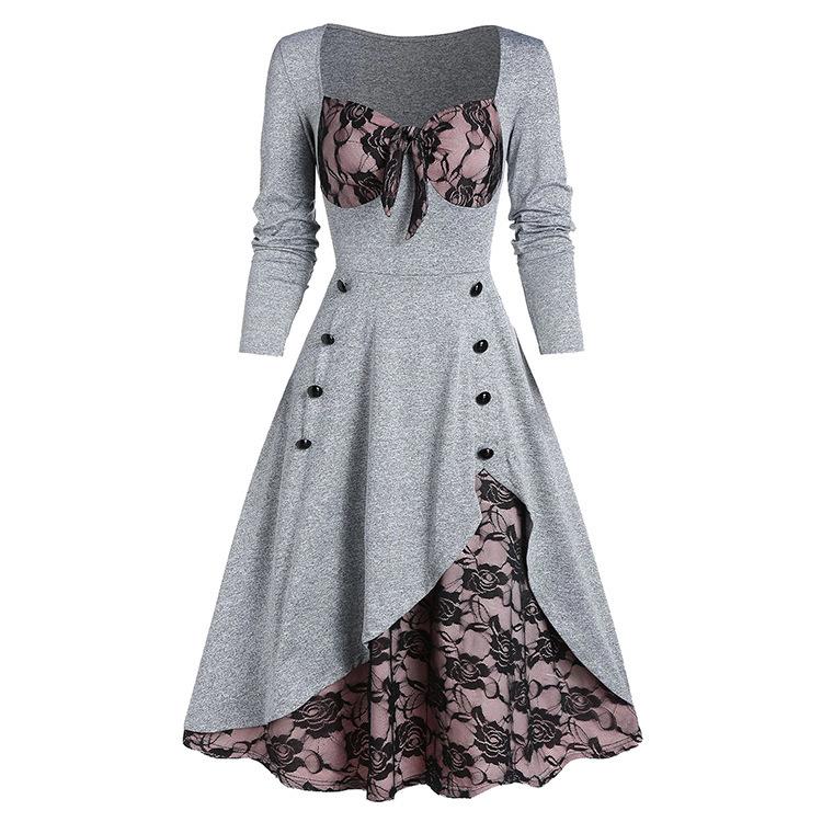 Dámská móda Úzký střih Krajka Etnický styl Vintage Prošívání Květinové šaty s dlouhým rukávem