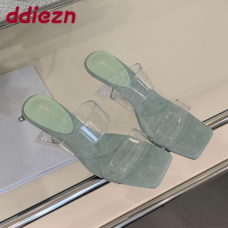 Fashion Fashion Transparent Heels Women Wedges Slippers Shoes Square Toe Ladies Heeled Sandals Slippers Shoes Female Slides Pumps