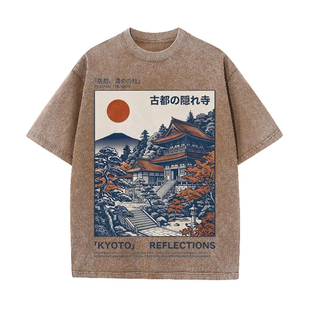 2026 Vintage Washed Beige Tokyo Shibuya City Street Graphic T Shirt Japanese Retro Urban Landscape Print Oversized Casual Short