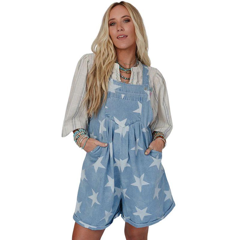 

2025 Summer New Arrival XINGX Print Suspender Jumpsuit Women European and American Fashion All-Match Short Denim Jumpsuit Women Blue Size XL fit (70.00 kg-75.00 kg