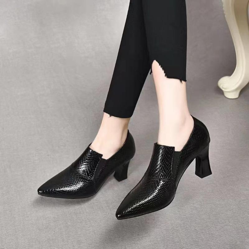 Spring and Autumn New Thick Heeled Women Shoes Fashion Black Pointed Toe Comfortable Shallow Mouth Slip on Pumps Single Shoes