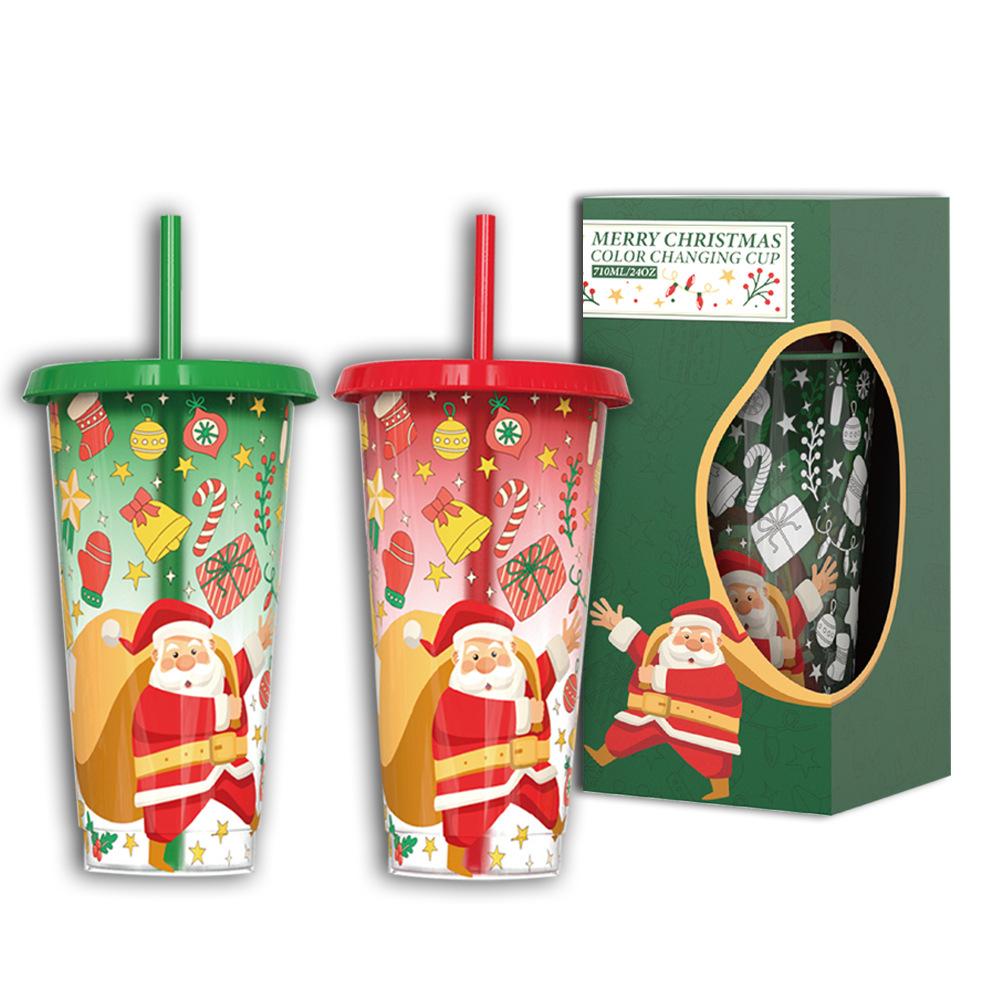 Christmas Color Changing Cups with Lids and Straws Bulk,Christmas Cups Include Spill Resistant Straw Water Iced Coffee or Tea