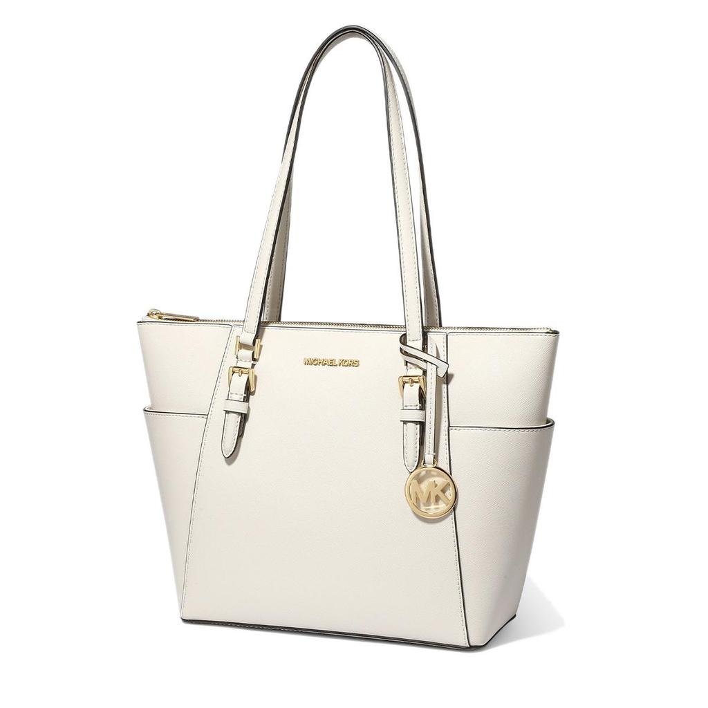 Michael Kors MK Charlotte Letter Logo Pendant Solid Color Leather Tote Shoulder Bag Large Women Tote Bags Cream 35T0GCFT7L-289