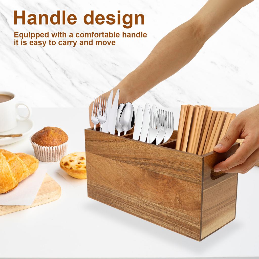 Wooded Kitchen Utensil Divider Storage Holder Removable Silverware Organizer with 3 Compartments Utensil Caddy for Household
