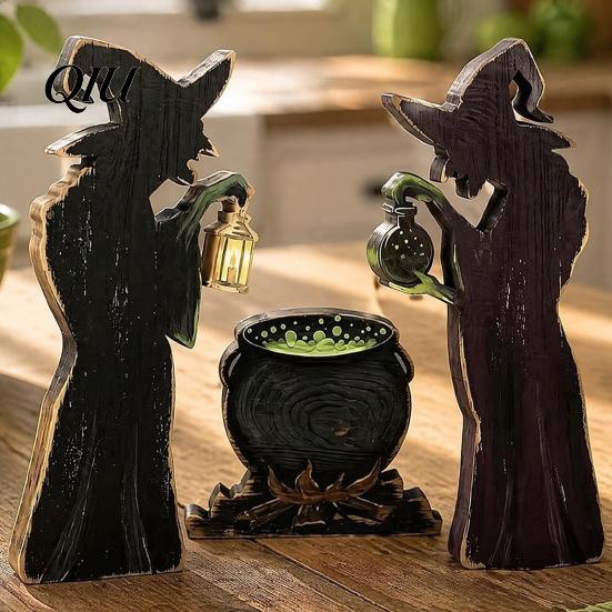 Desktop Shelf Witch Figurine Set 3Pcs Halloween Cauldron Lantern Potion Bottle Table Decorations, Rustic Wooden Minimalist Party Centerpieces Tabletop
