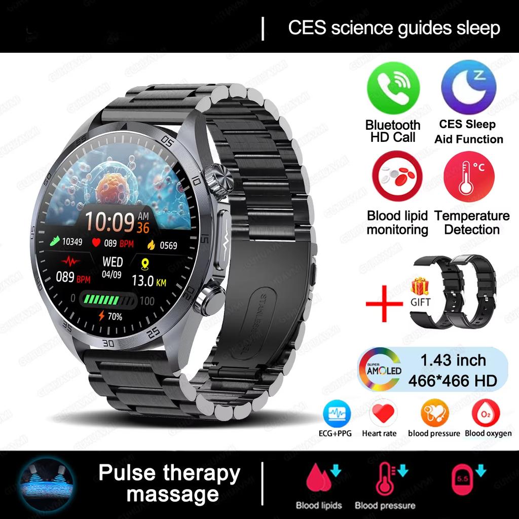 2025 NEW Pulse Therapy Smart Watch Sapphire Glass Screen ECG+PPG Blood Fats Uric Acid BT Call Sports Health Watches for Huawei