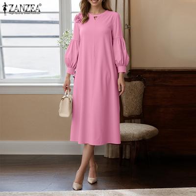 Women Casual Round Neck 3D Flower Loose Long Sleeve Dress