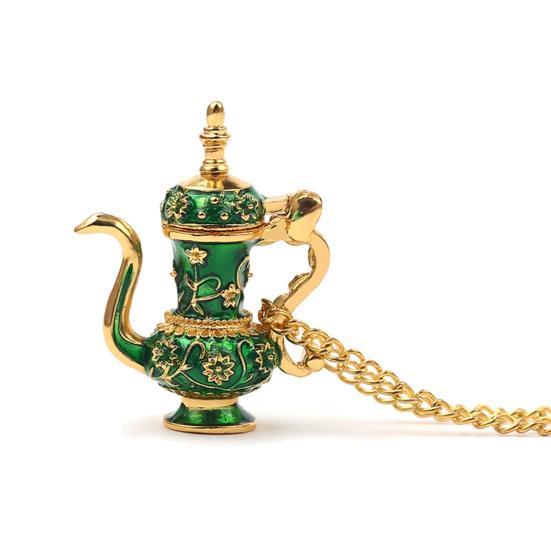 Vintage Enamel Green Teapot Pendant Long Chain Women Sweater Necklace Jewelry